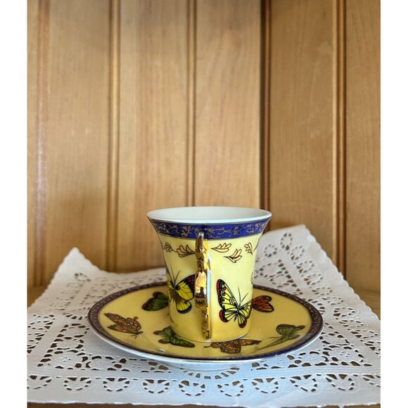 Vintage Fine Porcelain Espresso Yellow Butterfly Cup & Saucer Set Classic Coffee - Picture 3 of 8